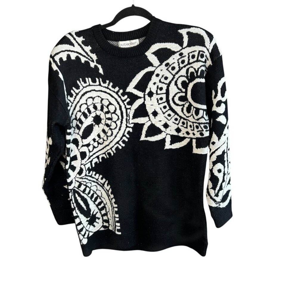 Outlander Sweater Black White Graphic Pullover Wool Blend Vintage 80s Size Small